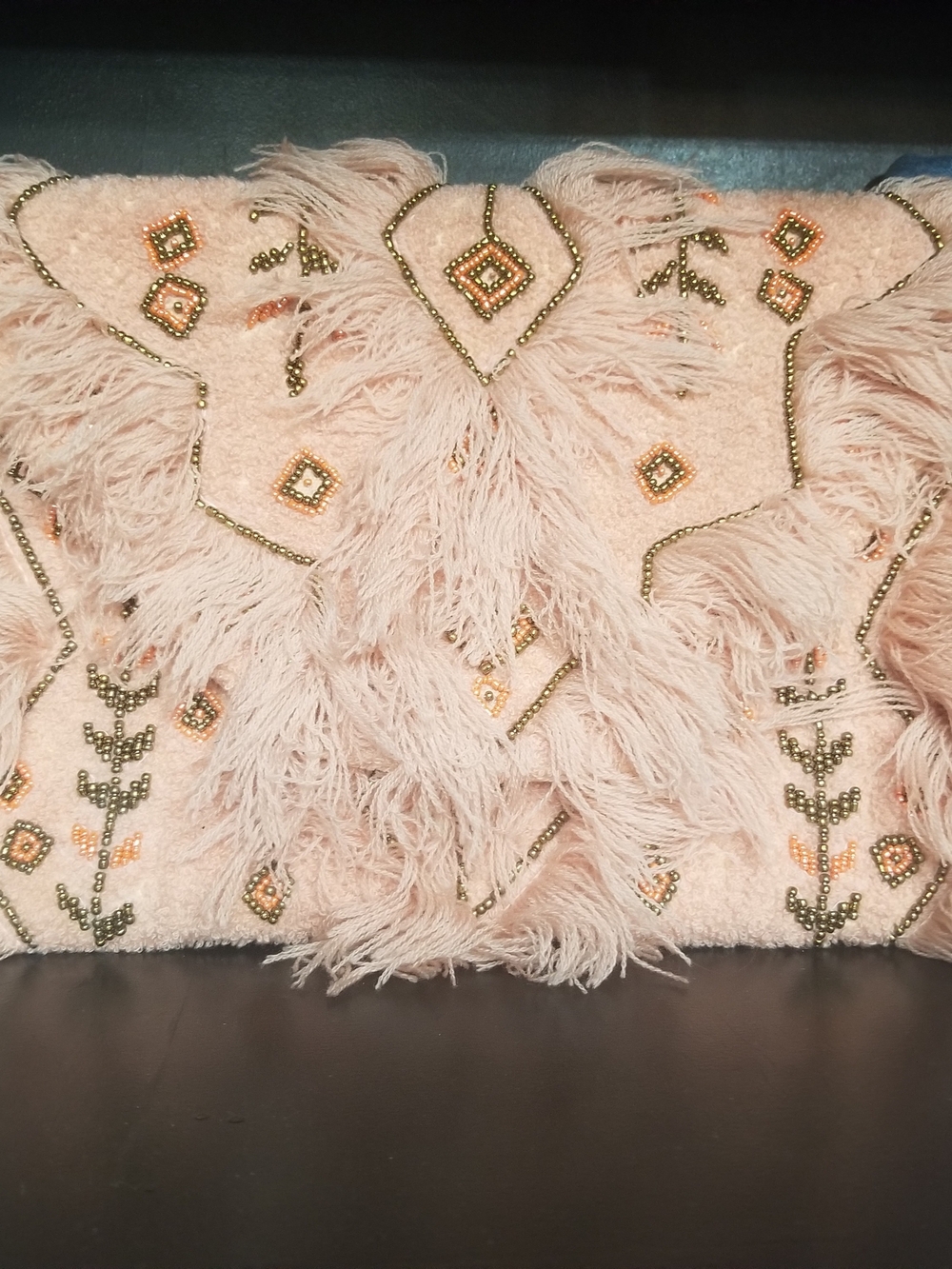 Boho Blush  Feathered Dec Beaded Clutch With Accents
